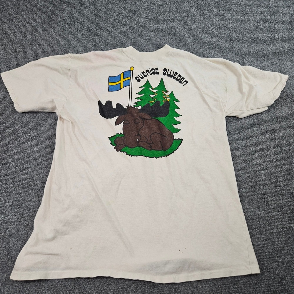 Vintage 90s‎ Sweden Souvenir TShirt Mens Large Cream Moose Graphic Single Stitch